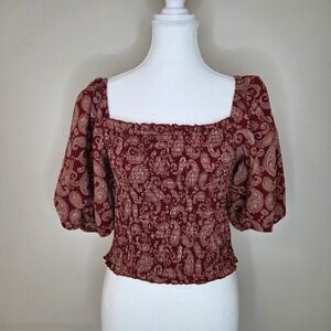 Express Paisley Puff Sleeve Smocked Top Cottagecore Shirred Blouse Size L